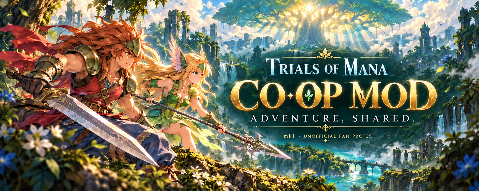 Trials of Mana Co-op Mod — Adventure, Shared.. Fan artwork featuring Duran, Riesz and a sunlit Mana Tree
